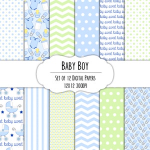 Baby Boy Digital Scrapbook Paper 12x12 Pack - Set of 12 - Diaper Pins, Carriage, Onesie - Instant Download Item #8019