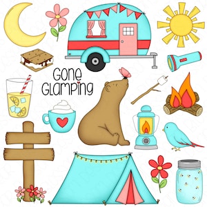 Pode incluir: Um conjunto de ilustrações coloridas com tema de acampamento e glamping, incluindo um trailer azul, uma barraca, uma fogueira, um urso, uma lanterna, um pássaro, um frasco de vidro com vaga-lumes, uma placa, um copo de limonada, uma xícara de chocolate quente, um marshmallow, uma lanterna, um sol, uma lua e flores. O texto "Gone Glamping" aparece na imagem.