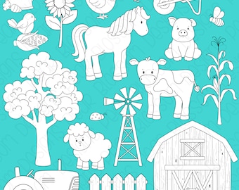 On The Farm - Hand Drawn -  Digital Stamps, Digistamps, Clipart - Instant Download - 7146