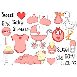 Baby Girl Hand Drawn Digital Clipart - Set of 21 - Stork, Pacifier, Bottle, Onesie, Stroller - Instant Download - Item# 9174