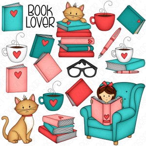 Buchliebhaber Handgezeichnete Digitale Cliparts - 16er Set - Kaffee, Bücher, Katze, Brille, Lesen - Instant Download - Artikel #9194