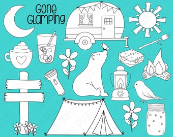 Glamping - Camping -  Digital Stamps, Digistamps, Clipart - Instant Download - 7053