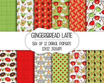 Gingerbread Latte Hand Drawn Digital Paper - Set of 12 - Coffee Mugs, Latte, Gingerbread Man, Holly, Donuts - Instant Download - Item #8285