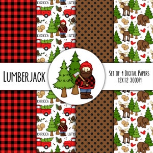 Holzfäller Hand gezeichnetes Digitales Papier Mini Pack - 4er Set - Elch Bär Bäume Waldtiere Vintage LKW - Instant Download - 8308