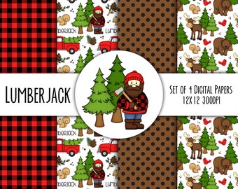 Lumberjack Hand Drawn Digital Paper Mini Pack - Set of 4 - Moose Bear Trees Woodland Animals Vintage Truck - Instant Download - 8308