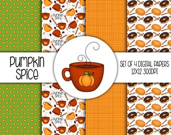 Pumpkin Spice Hand Drawn Digital Paper Mini Pack - Set of 4 - Coffee Mugs, Latte, Pumpkins, Donuts - Instant Download - 8288
