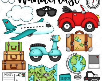 May include: A set of colourful travel themed clipart images, including a red convertible car, a blue scooter, a globe, a camera, a suitcase, a map, a passport, a postcard, a compass, sunglasses, and an aeroplane. The text "Wanderlust" is written in black at the top of the image.