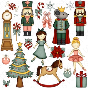 May include: A set of Christmas-themed illustrations featuring a nutcracker, a mouse king, a ballerina, a Christmas tree, a rocking horse, ornaments, candy canes, and a clock.