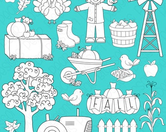 Puede incluir: Ilustraciones de clip art en blanco y negro de temas de cosecha de otoño y granja.  Incluye un espantapájaros, un pavo, una carretilla, un molino de viento, un tractor, una cerca, un árbol, calabazas, manzanas, maíz y una pancarta que dice "FALL".