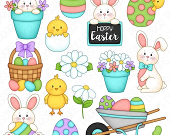 Easter Clipart Set - Hand Drawn Digital Clipart - Easter Bunny, Baby Chick, Flower Pot Spring - Item# 9222