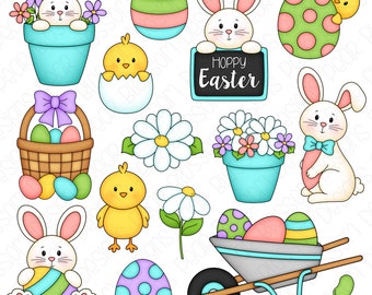 Påsk Clipart Set - Handritad Digital Clipart - Påskhare, Baby Kyckling, Blomkruka Vår - Artikelnummer 9222
