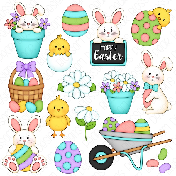 Easter Clipart Set - Hand Drawn Digital Clipart - Easter Bunny, Baby Chick, Flower Pot Spring - Item# 9222