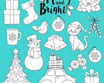 Merry and Bright Christmas Digital Stamps, Digistamps, Clipart - Instant Download - 7078