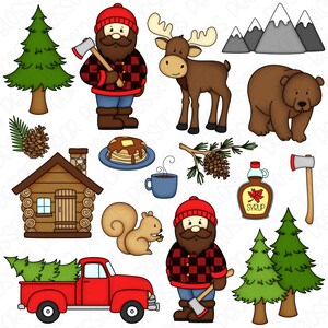 Lumberjack Hand Drawn Digital Clipart - Set of 18 - Christmas Tree, Truck, Deer, Snowman, Cabin - Instant Download - Item #9205