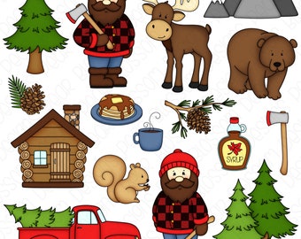 Lumberjack Hand Drawn Digital Clipart - Set of 18 - Christmas Tree, Truck, Deer, Snowman, Cabin - Instant Download - Item #9205