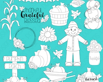 Puede incluir: Ilustraciones en blanco y negro de línea de varios artículos de la cosecha de otoño, incluyendo calabazas, maíz, girasoles, un espantapájaros, una carretilla, una corona, un frasco y una pancarta que dice "Gather".