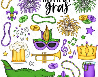 Mardi Gras Hand Drawn Clipart - Set of 26 - Alligator, Mask, Fireworks, Beads, Beer - Instant Download - Item#9299