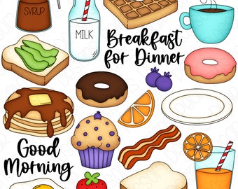 May include: A collection of breakfast food illustrations, including a stack of pancakes, a donut, a waffle, a glass of orange juice, a cup of coffee, a slice of avocado toast, a muffin, bacon, an egg, a strawberry, and a pitcher of milk. The text "Breakfast for Dinner" and "Good Morning" are also included.