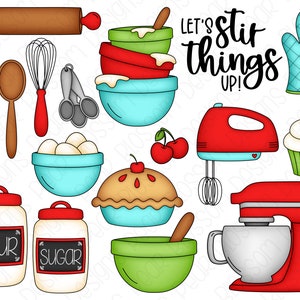 Cherry Bakery Hand Drawn Digital Clipart Set of 18 Retro Kitchen, Baking, Mixer, Whisk Instant Download Item 9271 image 2