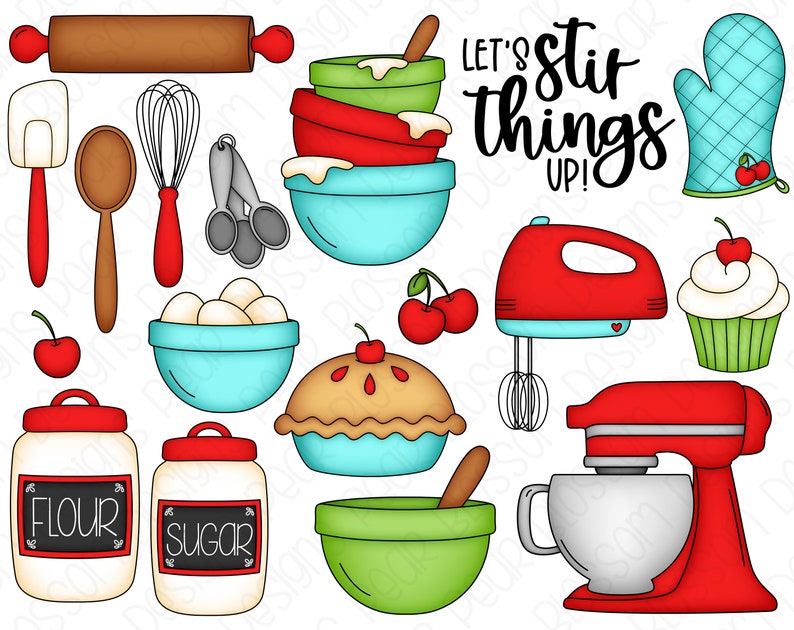 Cherry Bakery Hand Drawn Digital Clipart Set of 18 Retro Kitchen, Baking, Mixer, Whisk Instant Download Item 9271 image 2