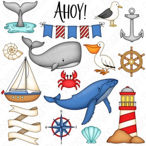 Nautical Clipart Set - Hand Drawn Digital Clipart - Whale, Lighthouse, Seashore, Sailboat, Seaside - Item# 9228
