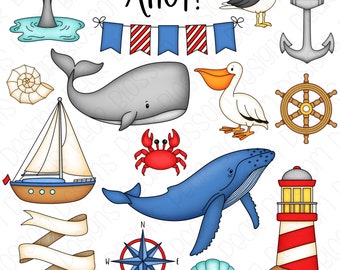 Nautical Clipart Set - Hand Drawn Digital Clipart - Whale, Lighthouse, Seashore, Sailboat, Seaside - Item# 9228