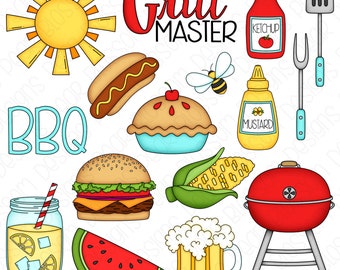 Barbacoa Digital Clipart - Conjunto de 16 - BBQ, Hamburguesa, Hot Dog, Limonada, Cerveza - Descarga Instantánea - Artículo#9208