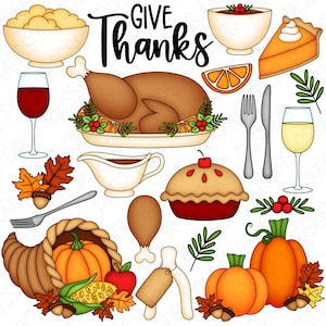 Thanksgiving Dinner Hand Drawn Digital Clipart - Set of 21 - Turkey Mashed Potatoes Pumpkin Pie Cornucopia - Instant Download - Item #9267