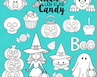 Halloween Trick or Treat Digital Stamps, Digistamps, Clipart - Instant Download - 7107