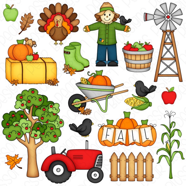 Herbst Bauernhof Clipart Set - Handgezeichnete digitale Clipart - Herbst Traktor, Truthahn, Krähe, Kürbisse, Apfel, Windmühle - Art.Nr. 9234