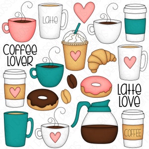 Coffee Lover Hand Drawn Digital Clipart Set of 20 Coffee, Latte, Donuts, Coffee Beans Instant Download 9160 image 1