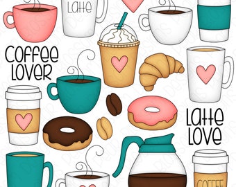 Coffee Lover Hand Drawn Digital Clipart - Set of 20 - Coffee, Latte, Donuts, Coffee Beans - Instant Download 9160