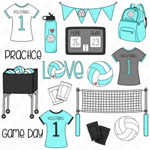 Volleybal Hand getekende digitale Clipart - Set van 16 - volleybal, rugzak, Jersey, kniebeschermers - Instant Download - Item #9197