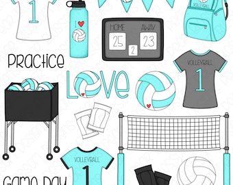 Volleyball Hand Drawn Digital Clipart - Set of 16 - Volleyball, Backpack, Jersey, Kneepads - Instant Download - Item #9197