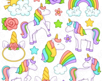 May include: A set of colorful unicorn clipart images, including unicorns with rainbow manes and tails, rainbows, clouds, stars, and flowers. These images are perfect for adding a touch of whimsy to any project.