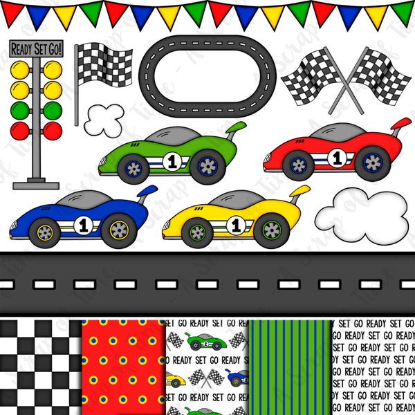 Race Car Hand Drawn Digital Clipart & Paper - Set of 17 - Race Cars, Track, Road, Flags - Instant Download - Item #9155