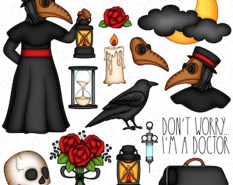 Plague Doctor Dark Halloween Digital Clipart - Set of 18 - Plague Doctor, Plague Mask, Raven, Skull, Rose - Instant Download - Item#9278