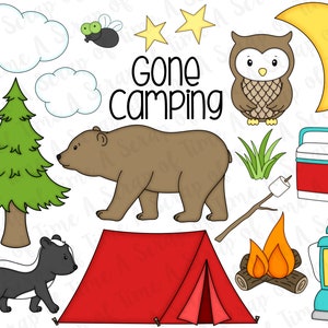 Pode incluir: Um conjunto de clipart com tema de acampamento, incluindo uma barraca vermelha, um urso marrom, uma árvore de pinho verde, um gambá, uma fogueira, uma lanterna, uma caixa térmica, uma mosca verde, uma coruja marrom, uma lua crescente amarela, duas estrelas amarelas e o texto "Gone Camping".