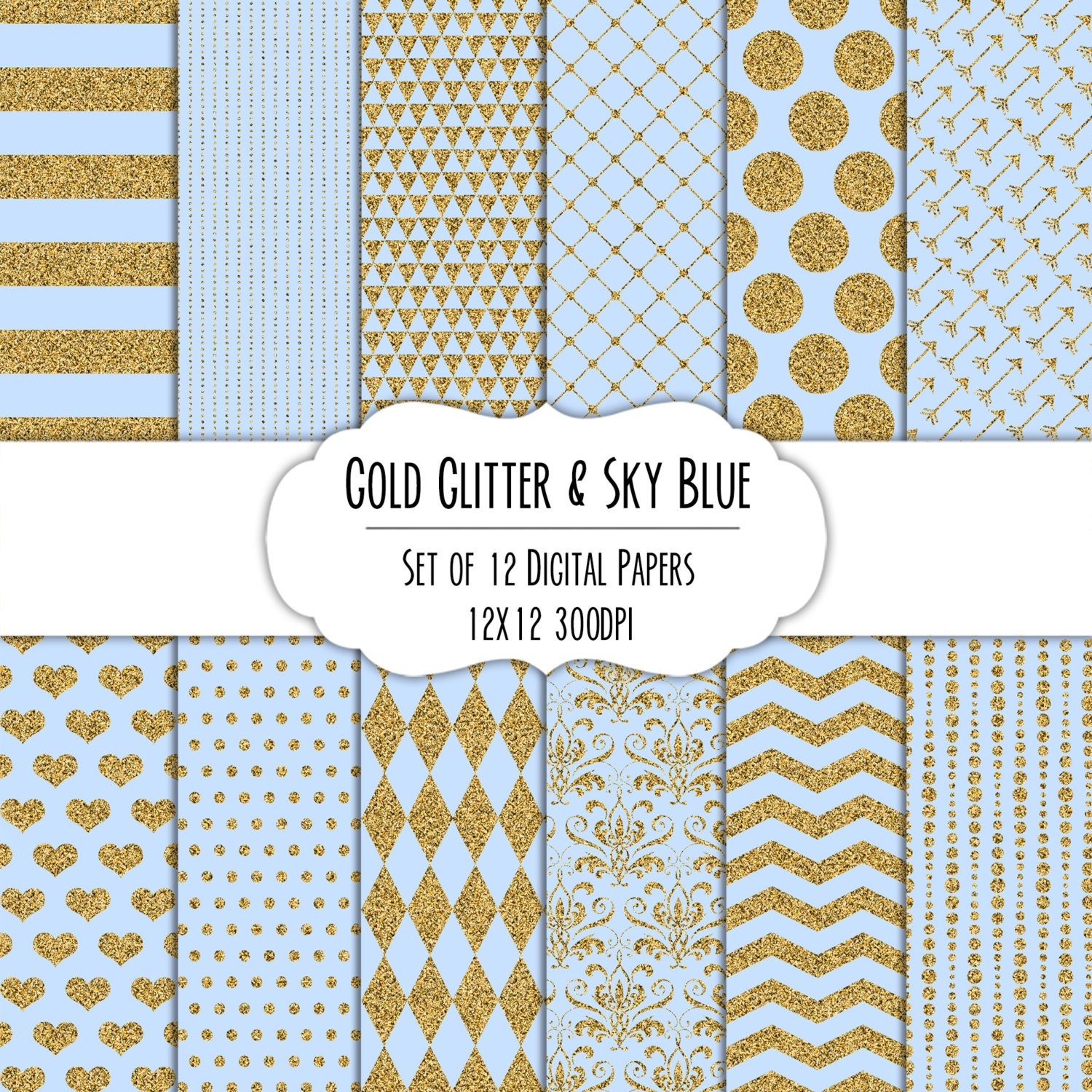 Gold Glitter & Sky Blue Digital Scrapbook Paper 12x12 Pack Etsy