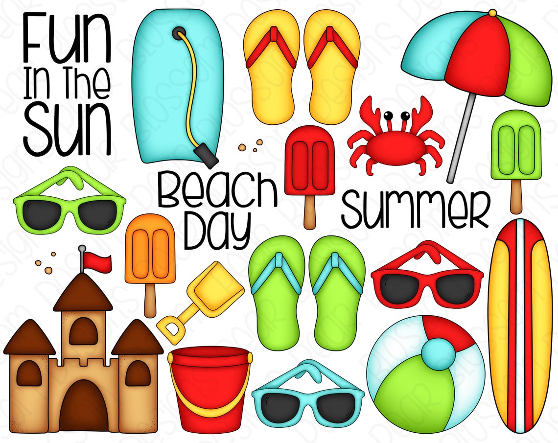Beach Days Red Digital Clipart - Set of 23 - Surfboard, Flip Flops ...