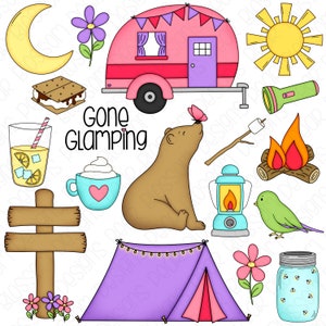 以下が含まれることがあります： キャンプをテーマにしたカラフルなイラストのセット。イラストには、ピンクのキャンピングカー、茶色のクマ、テント、キャンプファイヤー、ランタン、鳥、ホタルの入った瓶、道標、ホットチョコレートの入ったカップ、レモネードの入ったグラス、スモア、懐中電灯、蝶、太陽が含まれています。画像には「Gone Glamping」というテキストが含まれています。