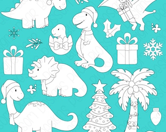 Christmas Dinosaurs Digital Stamps, Digistamps, Clipart - Instant Download - 7143