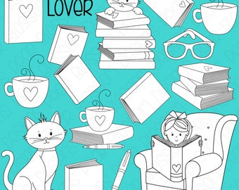 Book Lover -  Digital Stamps, Digistamps, Clipart - Instant Download - 7055
