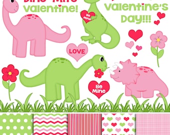 Dino Valentine Pink Digital Clipart & Paper - Set of 17 - Dinosaurs, Hearts, Flowers - Instant Download - Item#9068
