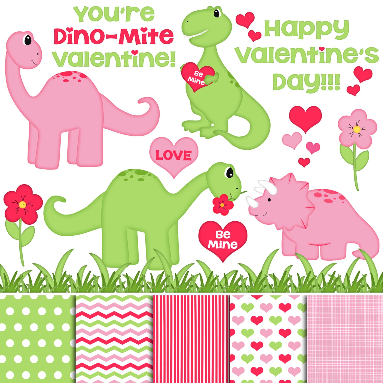 Dino Valentine digital clipart and digital paper set consists of the follow...