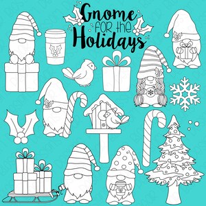 Może przedstawiać: Czarno-biały zestaw clipartów w stylu line art przedstawiający gnomy, choinki, prezenty, ptaki, laski cukrowe i ostrokrzew. Tekst "Gnome for the Holidays" znajduje się w górnej części obrazu.