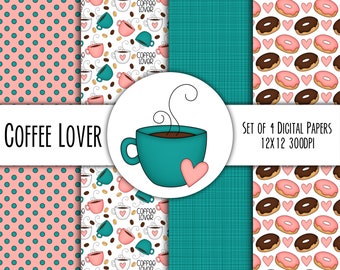 Coffee Lover Hand Drawn Digital Paper Mini Pack - Set of 4 - Tazas de café, café con leche, corazones, donas - descarga instantánea - 8287