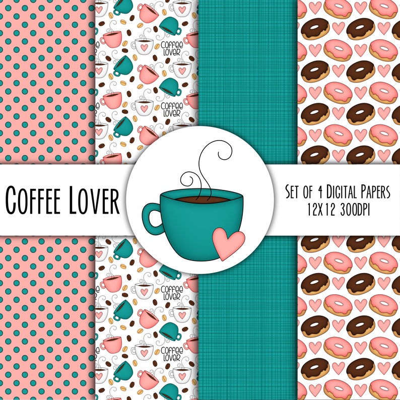 Coffee Lover Hand Drawn Digital Paper Mini Pack Set of 4 Coffee Mugs, Latte, Hearts, Donuts Instant Download 8287 image 1