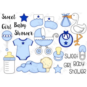 Baby Boy Hand Drawn Digital Clipart - Set of 21 - Stork, Pacifier, Bottle, Onesie, Stroller - Instant Download - Item# 9173