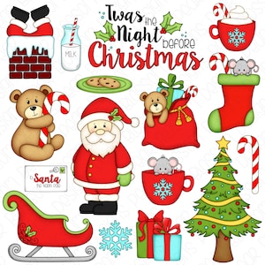 Twas the Night Before Christmas Hand Drawn Digital Clipart - Set of 16 - Santa, Christmas Tree, Mouse, Cocoa - Instant Download - Item #9200